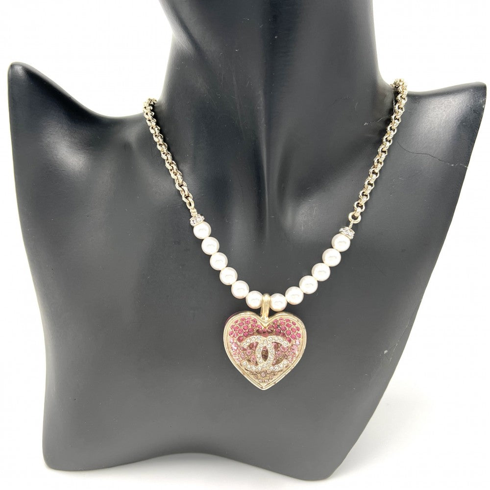 CHANEL シャネル ネックレス リバーシブル ハート ココマーク アクセサリー GP フェイクパール ラインストーン C23P ゴールド ピンク レディース 約31.4g 2023年【中古品】