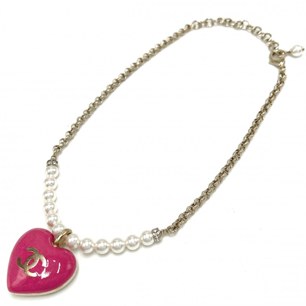CHANEL シャネル ネックレス リバーシブル ハート ココマーク アクセサリー GP フェイクパール ラインストーン C23P ゴールド ピンク レディース 約31.4g 2023年【中古品】