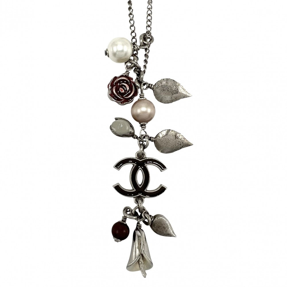 CHANEL シャネル ネックレス ココマーク ペンダント アクセサリー フラワーモチーフ フェイクパール 05A シルバー レッド 赤 レディース 約17.5g 2005年【中古品】