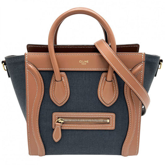 CELINE セリーヌ 2WAY ラゲージ ナノショッパー ハンドバッグ ショルダーバッグ キャンバス レザー ネイビー 紺 ブラウン 茶 ゴールド金具 レディース【中古品】