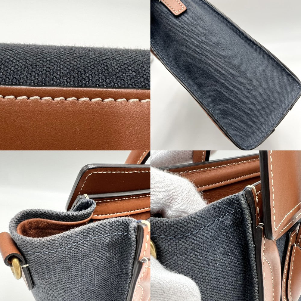 CELINE セリーヌ 2WAY ラゲージ ナノショッパー ハンドバッグ ショルダーバッグ キャンバス レザー ネイビー 紺 ブラウン 茶 ゴールド金具 レディース【中古品】