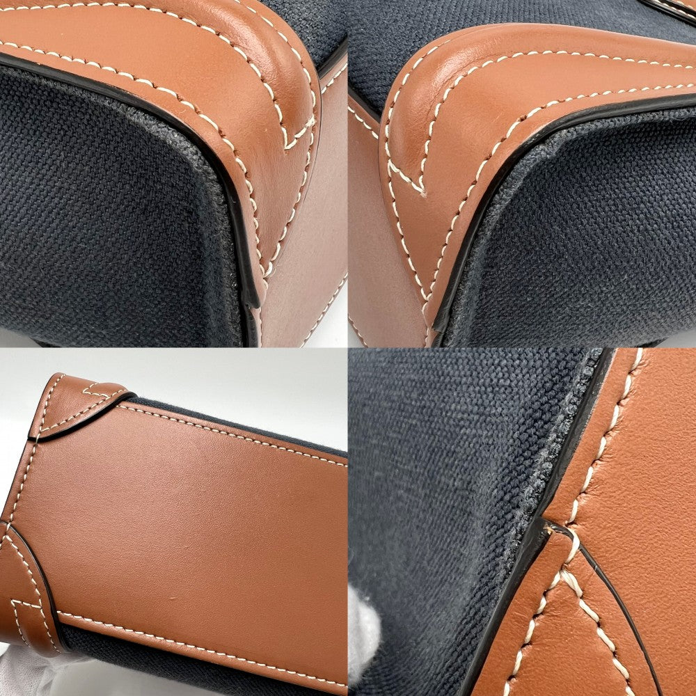 CELINE セリーヌ 2WAY ラゲージ ナノショッパー ハンドバッグ ショルダーバッグ キャンバス レザー ネイビー 紺 ブラウン 茶 ゴールド金具 レディース【中古品】