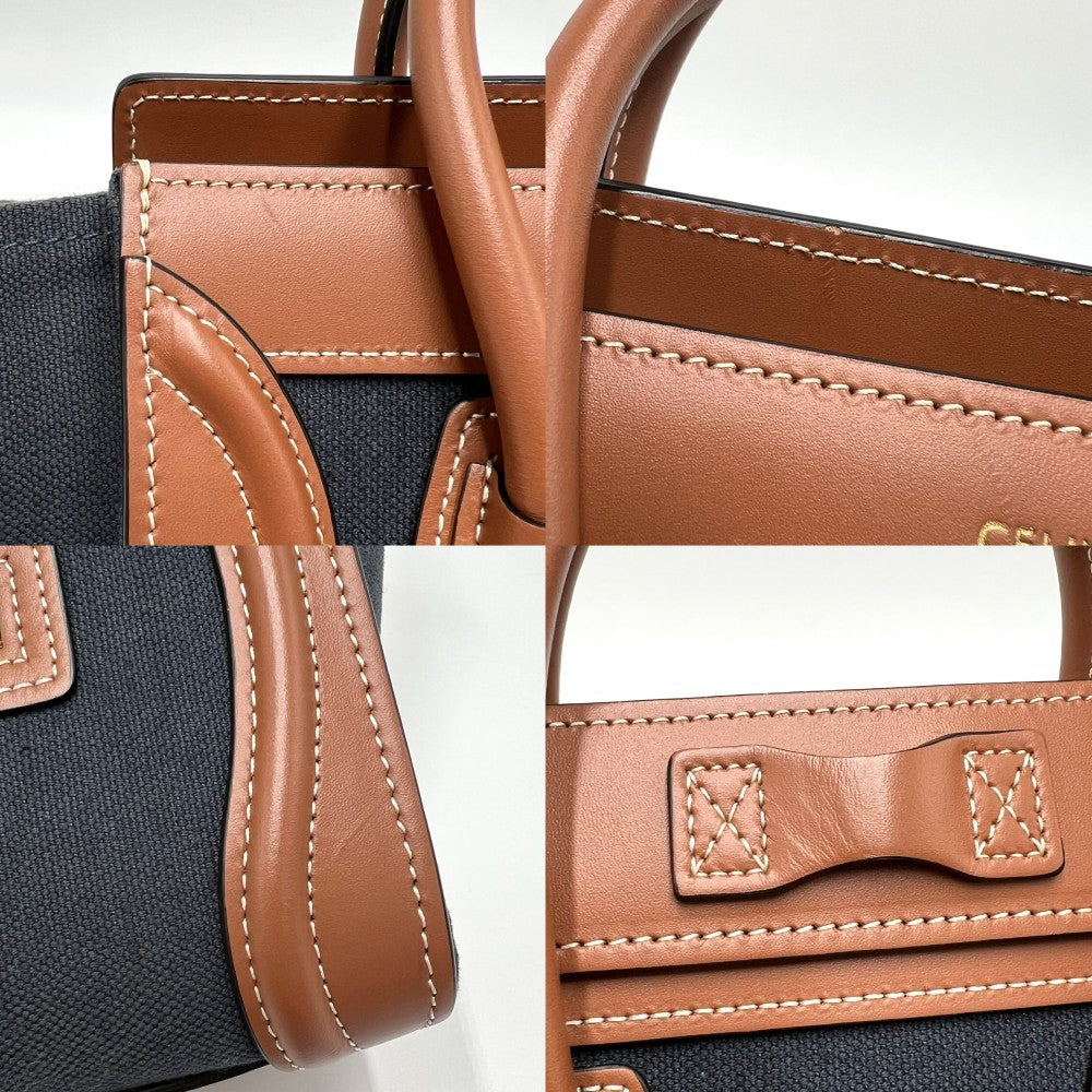 CELINE セリーヌ 2WAY ラゲージ ナノショッパー ハンドバッグ ショルダーバッグ キャンバス レザー ネイビー 紺 ブラウン 茶 ゴールド金具 レディース【中古品】