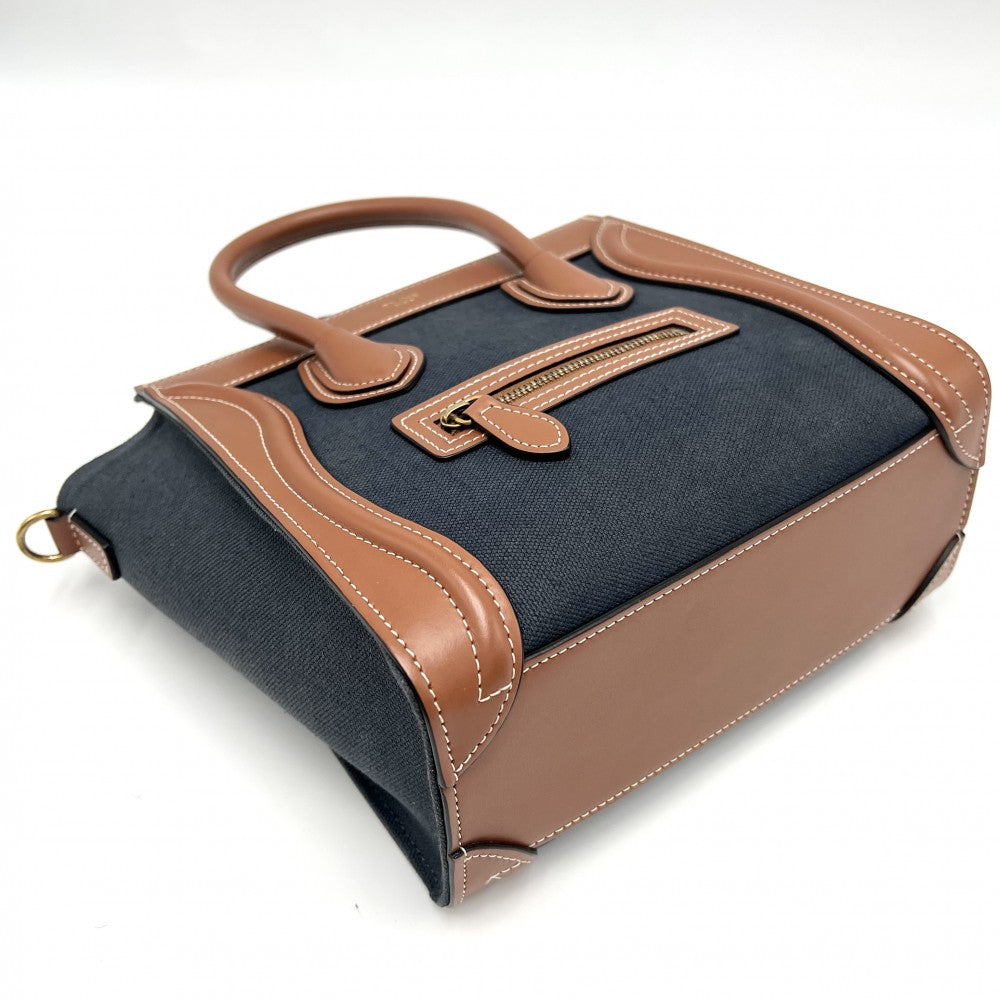 CELINE セリーヌ 2WAY ラゲージ ナノショッパー ハンドバッグ ショルダーバッグ キャンバス レザー ネイビー 紺 ブラウン 茶 ゴールド金具 レディース【中古品】