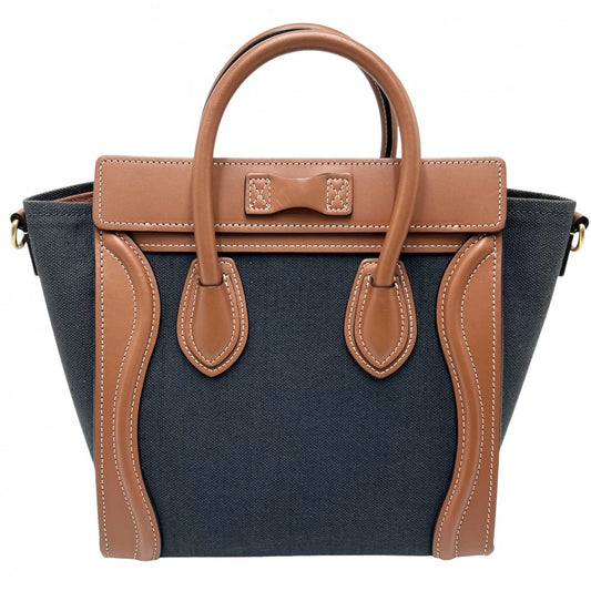 CELINE セリーヌ 2WAY ラゲージ ナノショッパー ハンドバッグ ショルダーバッグ キャンバス レザー ネイビー 紺 ブラウン 茶 ゴールド金具 レディース【中古品】