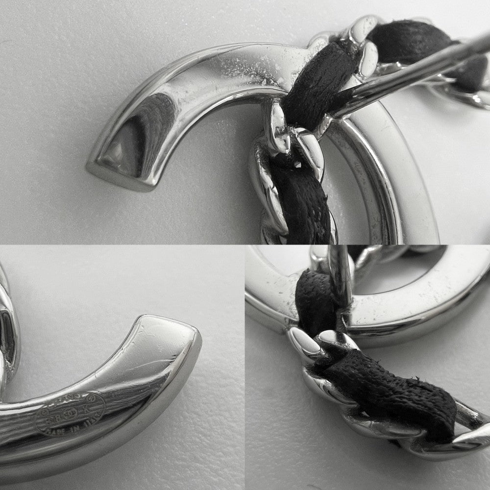 CHANEL シャネル ピアス チェーン ココマーク アクセサリー ラインストーン レザー B18K シルバー ブラック 黒 レディース 約6.1g 2018年【中古品】