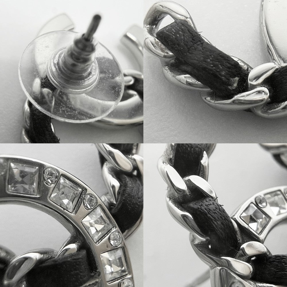CHANEL シャネル ピアス チェーン ココマーク アクセサリー ラインストーン レザー B18K シルバー ブラック 黒 レディース 約6.1g 2018年【中古品】