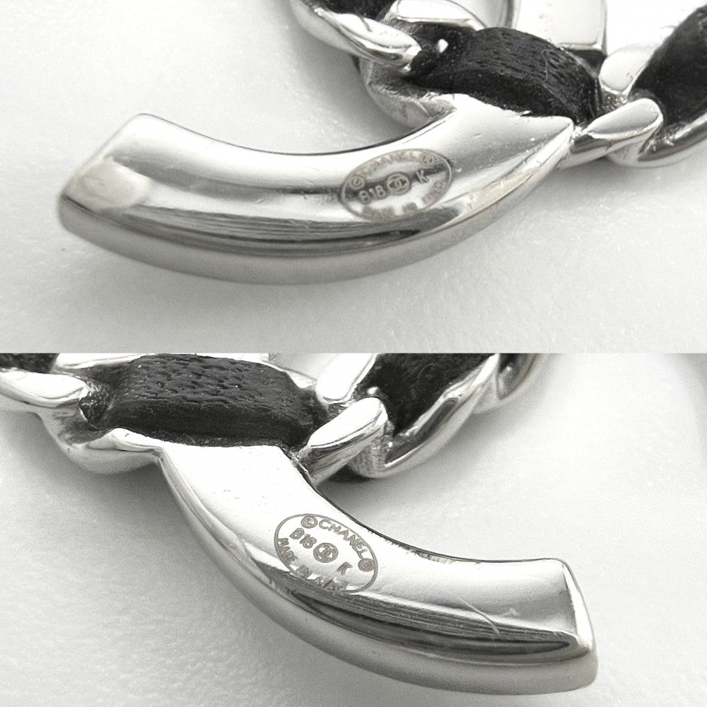 CHANEL シャネル ピアス チェーン ココマーク アクセサリー ラインストーン レザー B18K シルバー ブラック 黒 レディース 約6.1g 2018年【中古品】
