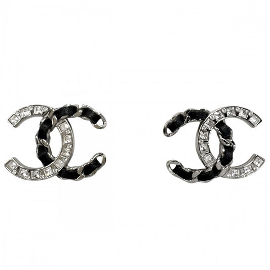 CHANEL シャネル ピアス チェーン ココマーク アクセサリー ラインストーン レザー B18K シルバー ブラック 黒 レディース 約6.1g 2018年【中古品】