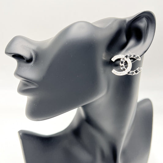 CHANEL シャネル ピアス チェーン ココマーク アクセサリー ラインストーン レザー B18K シルバー ブラック 黒 レディース 約6.1g 2018年【中古品】