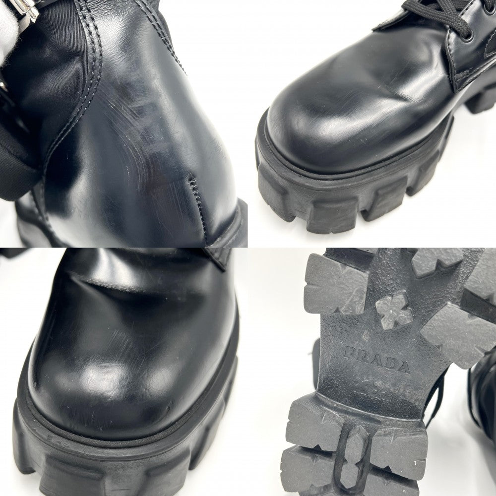 PRADA プラダ ブーツ トライアングルロゴ モノリス ポーチ付き ショートブーツ 靴 38サイズ 約25cm 1T255M レザー ナイロン ブラック 黒 ブラック金具 レディース【中古品】