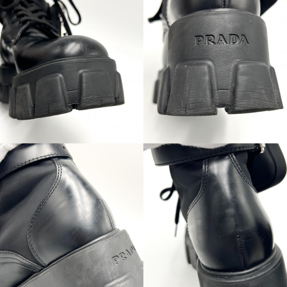 PRADA プラダ ブーツ トライアングルロゴ モノリス ポーチ付き ショートブーツ 靴 38サイズ 約25cm 1T255M レザー ナイロン ブラック 黒 ブラック金具 レディース【中古品】