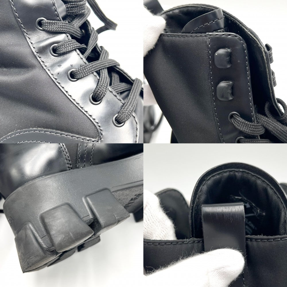 PRADA プラダ ブーツ トライアングルロゴ モノリス ポーチ付き ショートブーツ 靴 38サイズ 約25cm 1T255M レザー ナイロン ブラック 黒 ブラック金具 レディース【中古品】