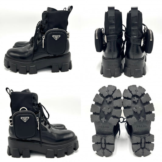 PRADA プラダ ブーツ トライアングルロゴ モノリス ポーチ付き ショートブーツ 靴 38サイズ 約25cm 1T255M レザー ナイロン ブラック 黒 ブラック金具 レディース【中古品】