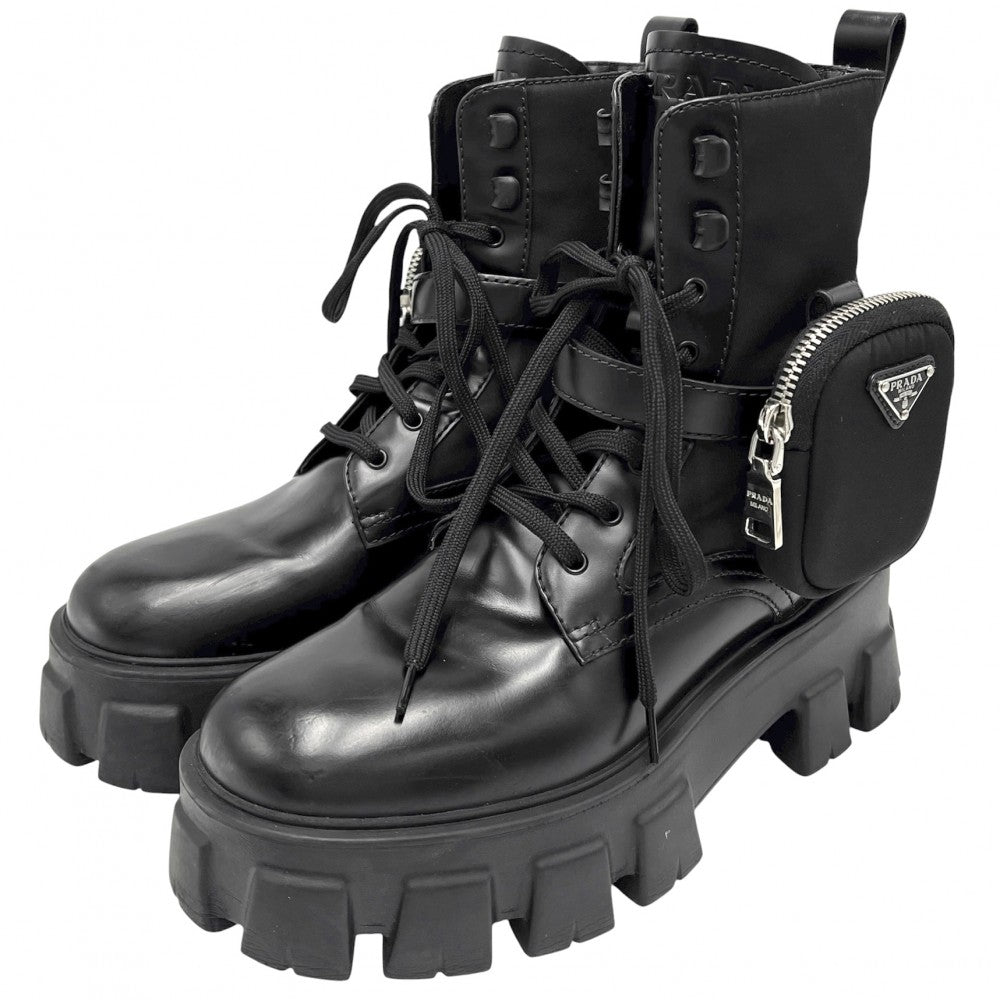 PRADA プラダ ブーツ トライアングルロゴ モノリス ポーチ付き ショートブーツ 靴 38サイズ 約25cm 1T255M レザー ナイロン ブラック 黒 ブラック金具 レディース【中古品】