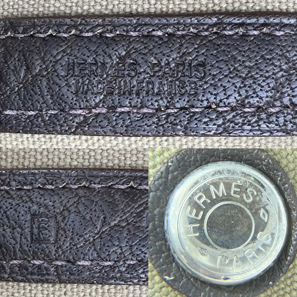 HERMES エルメス ハンドバッグ ガーデンパーティPM トートバッグ □F キャンバス レザー カーキ ブラウン 茶 シルバー金具 レディース 2002年【中古品】