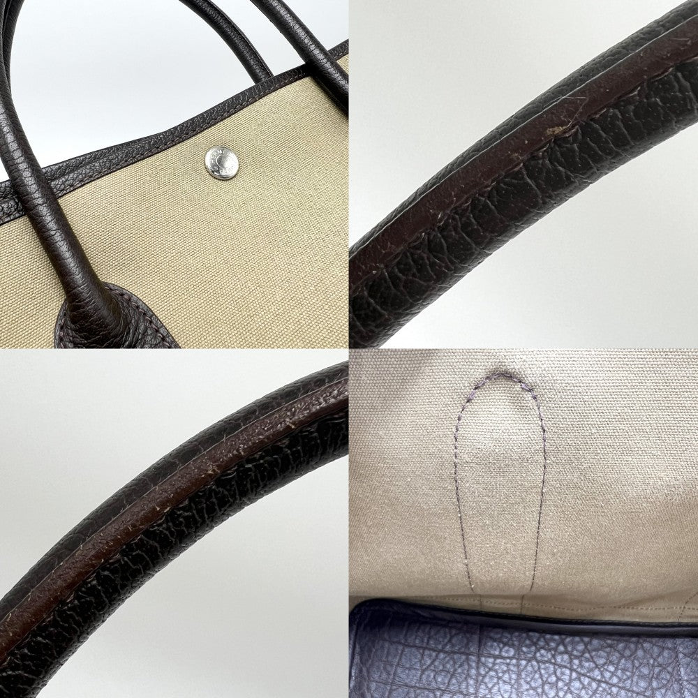 HERMES エルメス ハンドバッグ ガーデンパーティPM トートバッグ □F キャンバス レザー カーキ ブラウン 茶 シルバー金具 レディース 2002年【中古品】