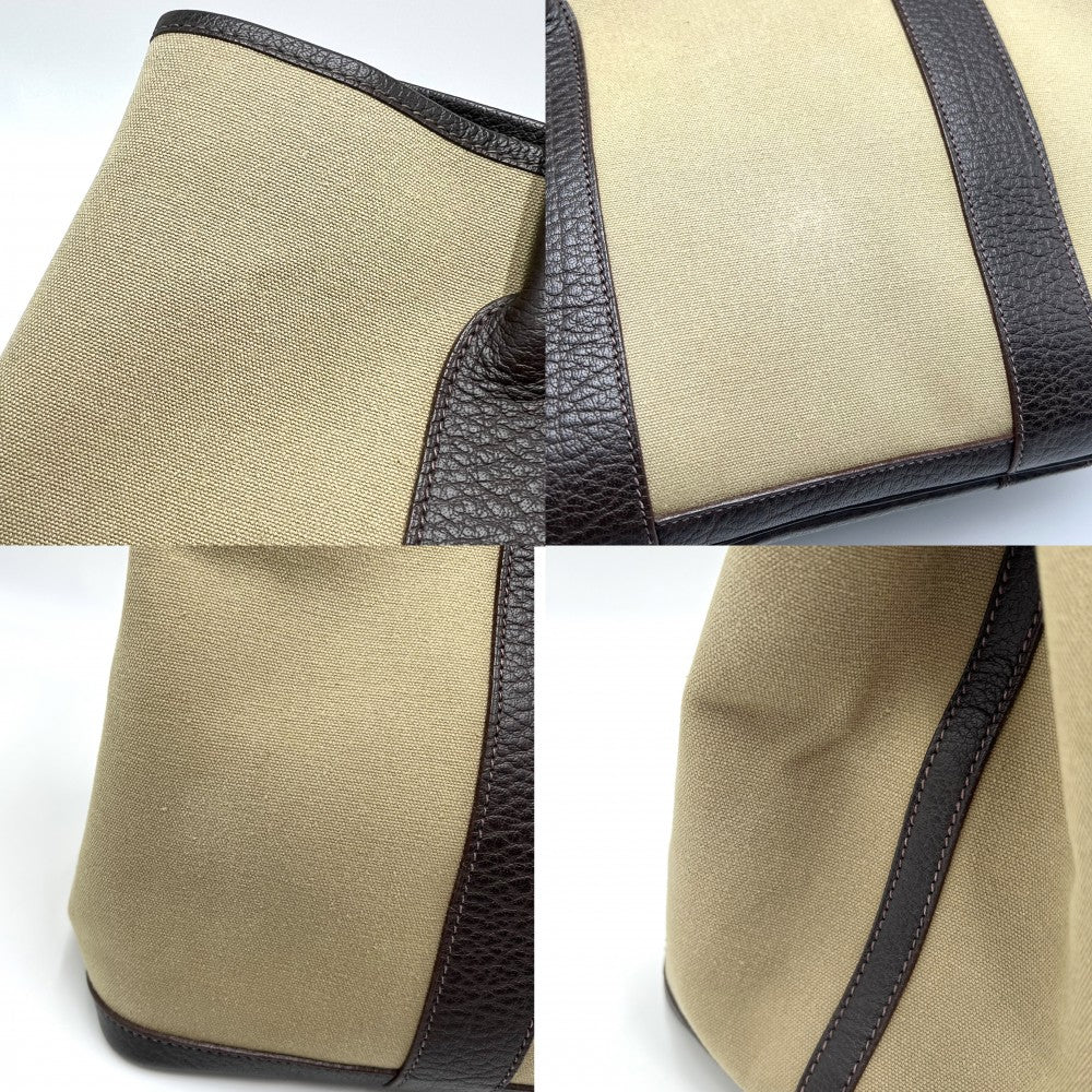 HERMES エルメス ハンドバッグ ガーデンパーティPM トートバッグ □F キャンバス レザー カーキ ブラウン 茶 シルバー金具 レディース 2002年【中古品】