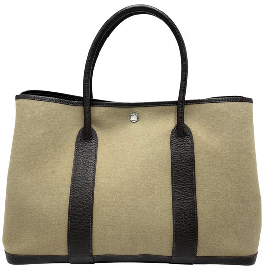 HERMES エルメス ハンドバッグ ガーデンパーティPM トートバッグ □F キャンバス レザー カーキ ブラウン 茶 シルバー金具 レディース 2002年【中古品】