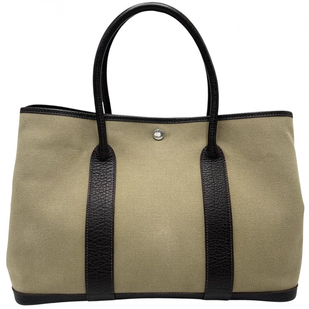 HERMES エルメス ハンドバッグ ガーデンパーティPM トートバッグ □F キャンバス レザー カーキ ブラウン 茶 シルバー金具 レディース 2002年【中古品】