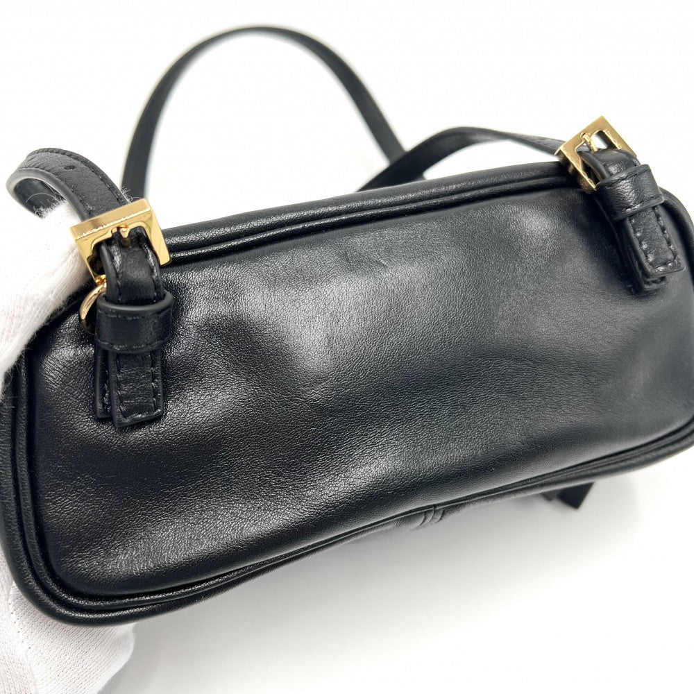 【開店SALE】 VERSACE ヴェルサーチ 2WAY ボウリングミニバッグ タグ ショルダーバッグ ハンドバッグ ラムスキン ブラック 黒 ゴールド金具 レディース【中古品】
