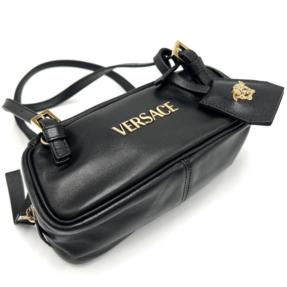 【開店SALE】 VERSACE ヴェルサーチ 2WAY ボウリングミニバッグ タグ ショルダーバッグ ハンドバッグ ラムスキン ブラック 黒 ゴールド金具 レディース【中古品】