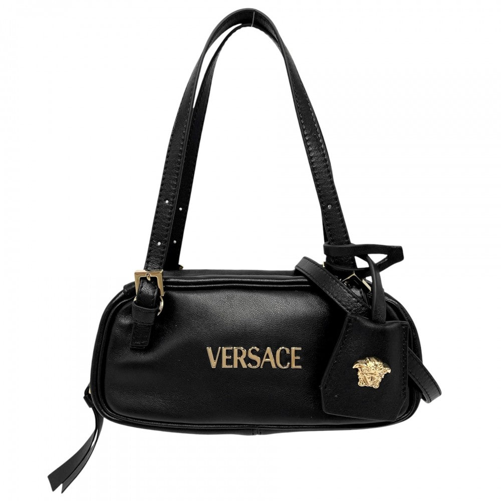 【開店SALE】 VERSACE ヴェルサーチ 2WAY ボウリングミニバッグ タグ ショルダーバッグ ハンドバッグ ラムスキン ブラック 黒 ゴールド金具 レディース【中古品】