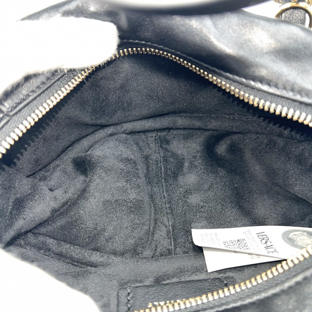 【開店SALE】 VERSACE ヴェルサーチ 2WAY ボウリングミニバッグ タグ ショルダーバッグ ハンドバッグ ラムスキン ブラック 黒 ゴールド金具 レディース【中古品】