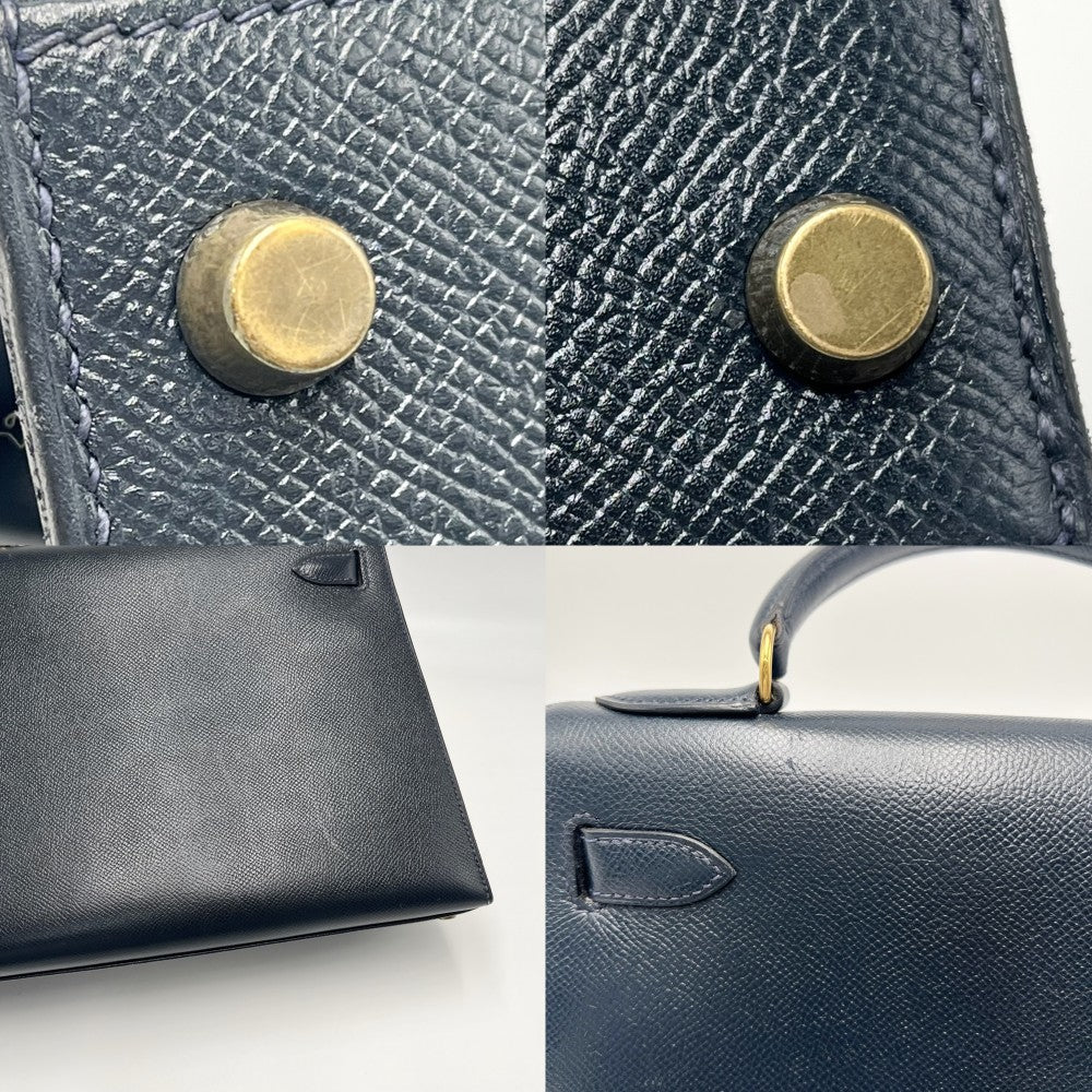HERMES エルメス 2WAY ケリー28 外縫い ハンドバッグ ショルダーバッグ 〇V刻印 レザー ネイビー 紺 ゴールド金具 レディース 1992年【中古品】
