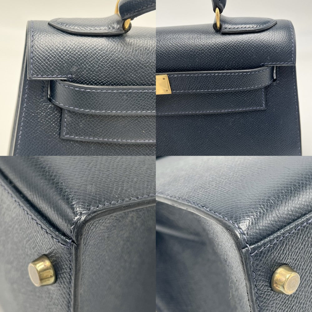 HERMES エルメス 2WAY ケリー28 外縫い ハンドバッグ ショルダーバッグ 〇V刻印 レザー ネイビー 紺 ゴールド金具 レディース 1992年【中古品】