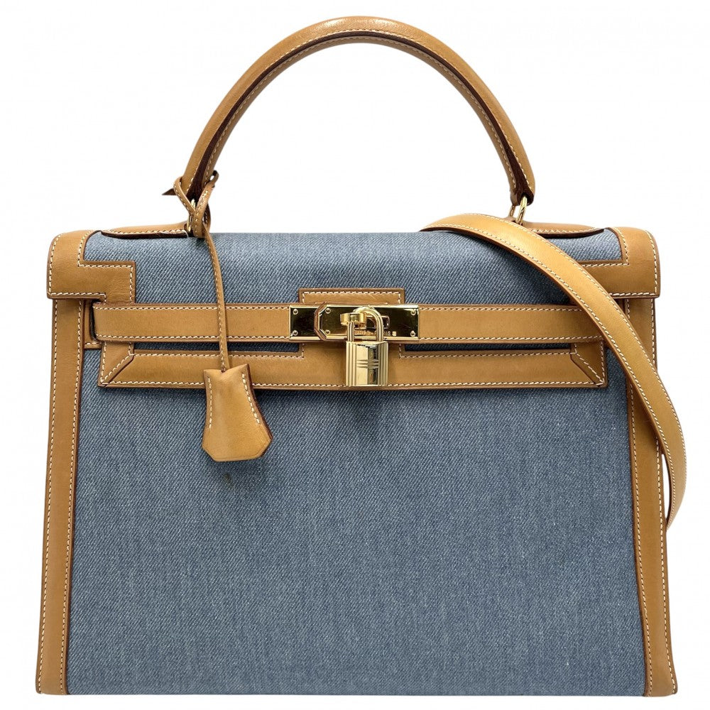 HERMES エルメス 2WAY 外縫い ケリー32 ハンドバッグ ショルダーバッグ デニム 〇Z刻印 トワルジーン レザー ライトブルー ブラウン 茶 ゴールド金具 レディース 1996年【中古品】