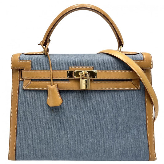 HERMES エルメス 2WAY 外縫い ケリー32 ハンドバッグ ショルダーバッグ デニム 〇Z刻印 トワルジーン レザー ライトブルー ブラウン 茶 ゴールド金具 レディース 1996年【中古品】