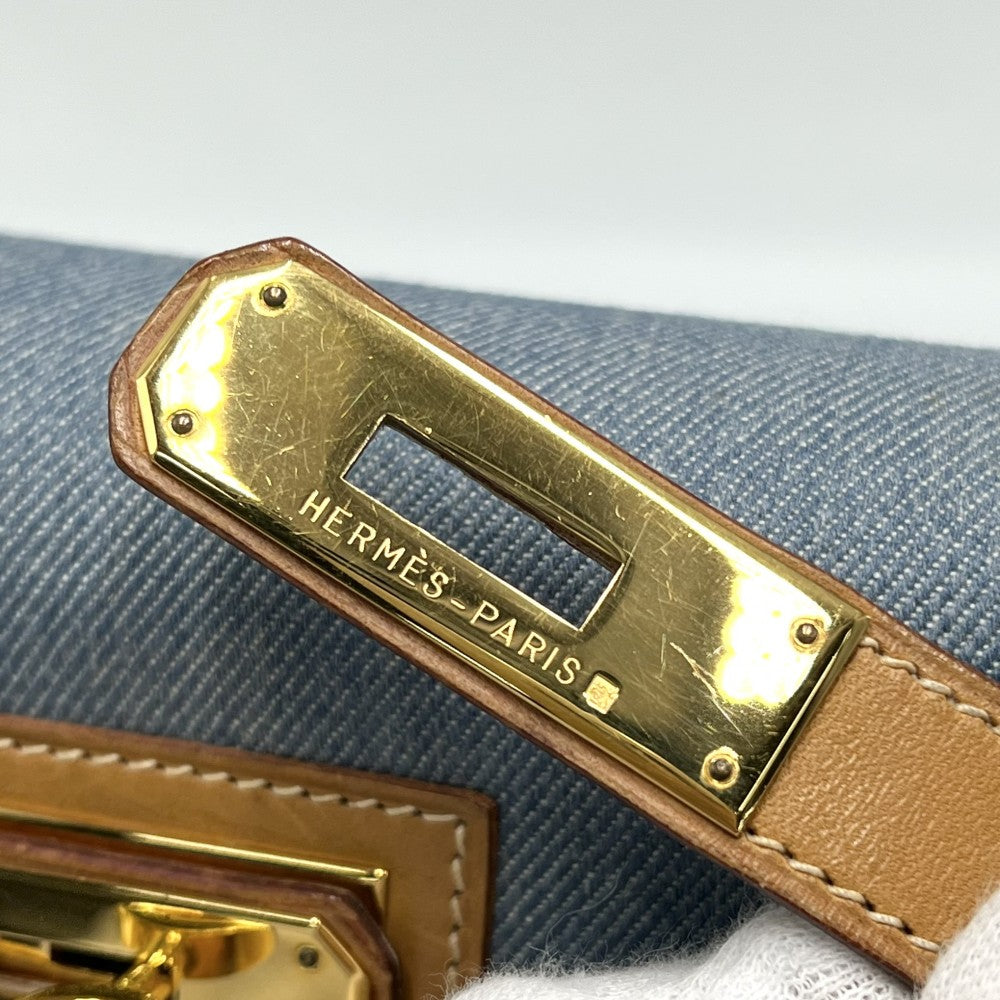 HERMES エルメス 2WAY 外縫い ケリー32 ハンドバッグ ショルダーバッグ デニム 〇Z刻印 トワルジーン レザー ライトブルー ブラウン 茶 ゴールド金具 レディース 1996年【中古品】