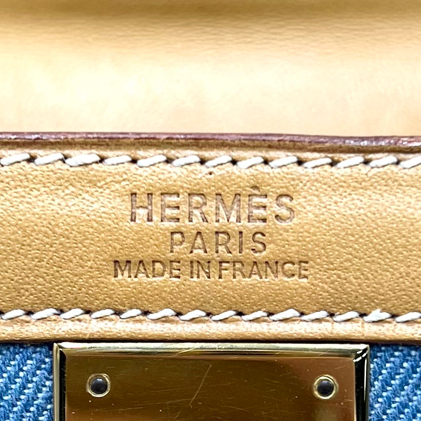 HERMES エルメス 2WAY 外縫い ケリー32 ハンドバッグ ショルダーバッグ デニム 〇Z刻印 トワルジーン レザー ライトブルー ブラウン 茶 ゴールド金具 レディース 1996年【中古品】