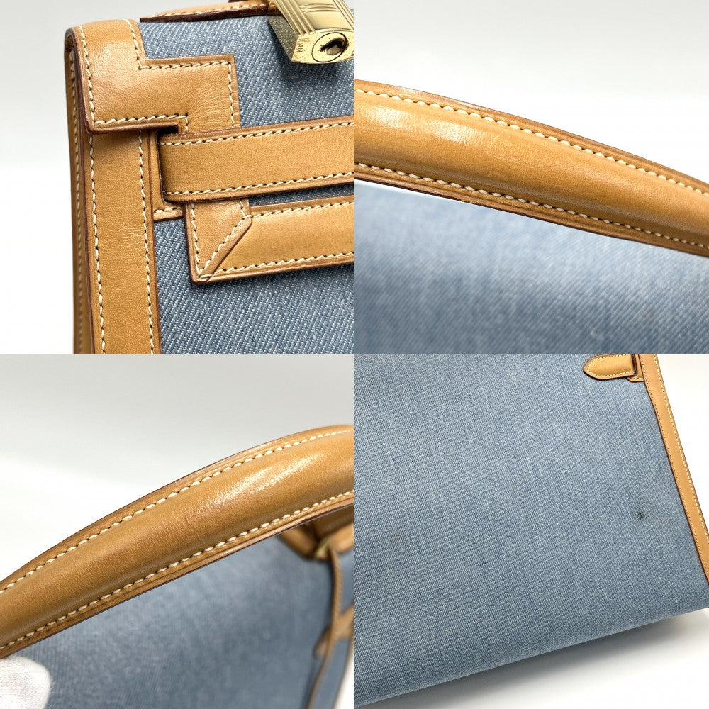 HERMES エルメス 2WAY 外縫い ケリー32 ハンドバッグ ショルダーバッグ デニム 〇Z刻印 トワルジーン レザー ライトブルー ブラウン 茶 ゴールド金具 レディース 1996年【中古品】