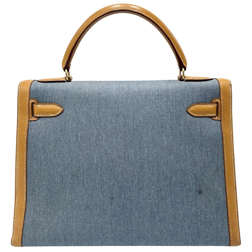 HERMES エルメス 2WAY 外縫い ケリー32 ハンドバッグ ショルダーバッグ デニム 〇Z刻印 トワルジーン レザー ライトブルー ブラウン 茶 ゴールド金具 レディース 1996年【中古品】