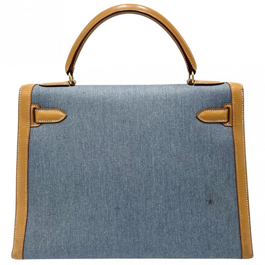 HERMES エルメス 2WAY 外縫い ケリー32 ハンドバッグ ショルダーバッグ デニム 〇Z刻印 トワルジーン レザー ライトブルー ブラウン 茶 ゴールド金具 レディース 1996年【中古品】
