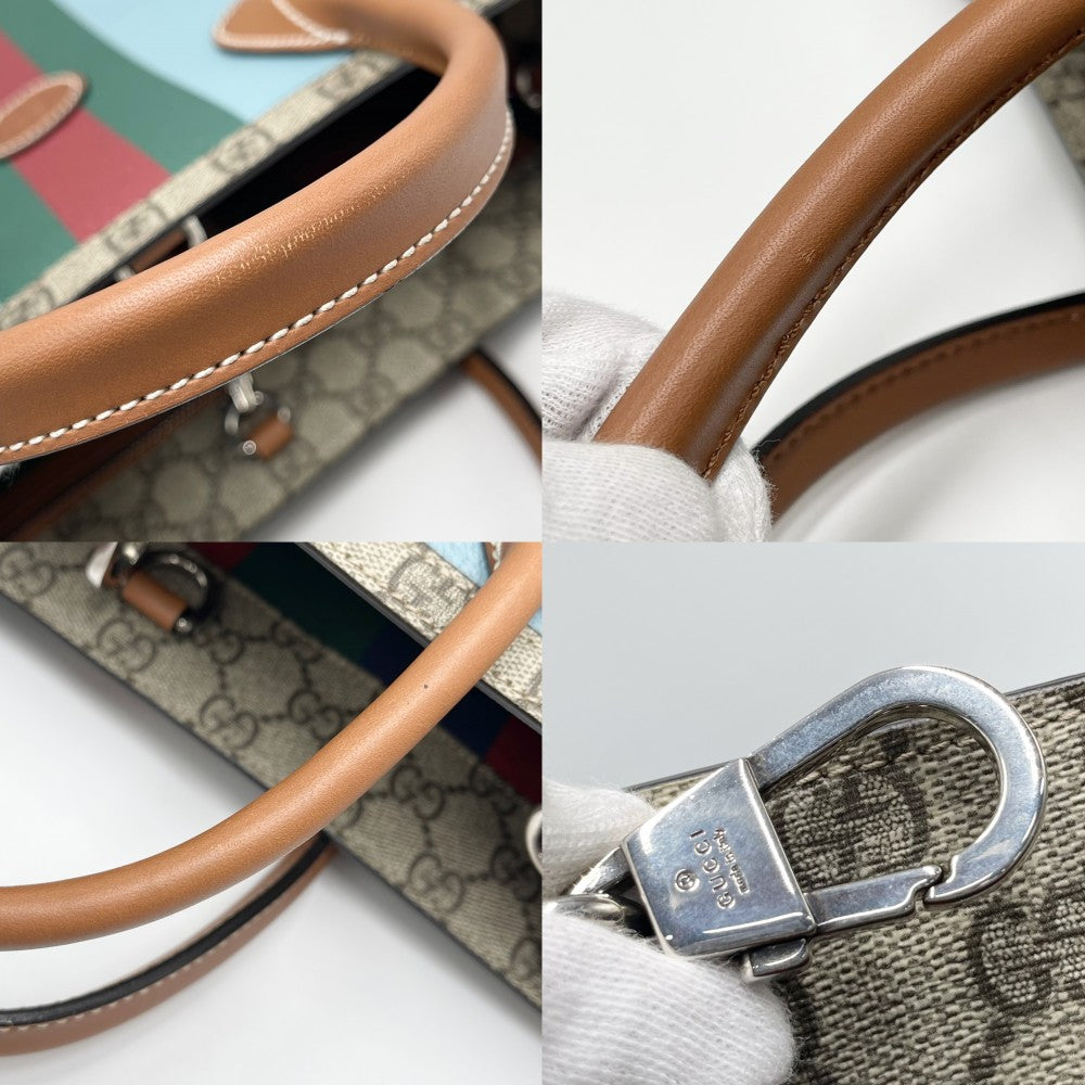 GUCCI グッチ 2WAY ウェブGG ミディアムトートバッグ ハンドバッグ ショルダーバッグ GGスプリーム 723885 PVCコーティングキャンバス レザー ブルー 青 ベージュ シルバー金具 レディース【中古品】