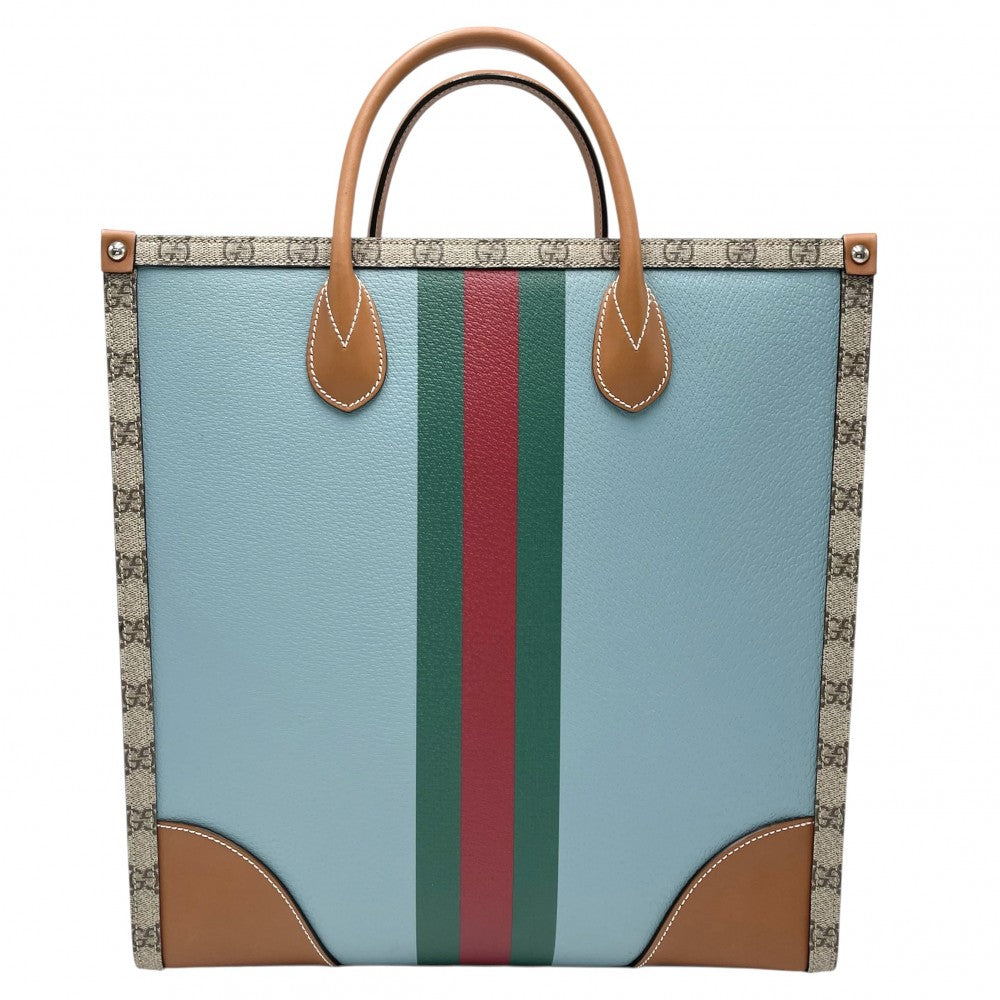 GUCCI グッチ 2WAY ウェブGG ミディアムトートバッグ ハンドバッグ ショルダーバッグ GGスプリーム 723885 PVCコーティングキャンバス レザー ブルー 青 ベージュ シルバー金具 レディース【中古品】