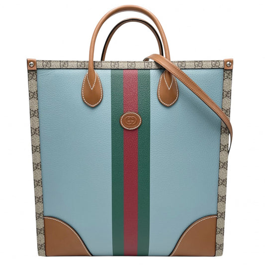GUCCI グッチ 2WAY ウェブGG ミディアムトートバッグ ハンドバッグ ショルダーバッグ GGスプリーム 723885 PVCコーティングキャンバス レザー ブルー 青 ベージュ シルバー金具 レディース【中古品】