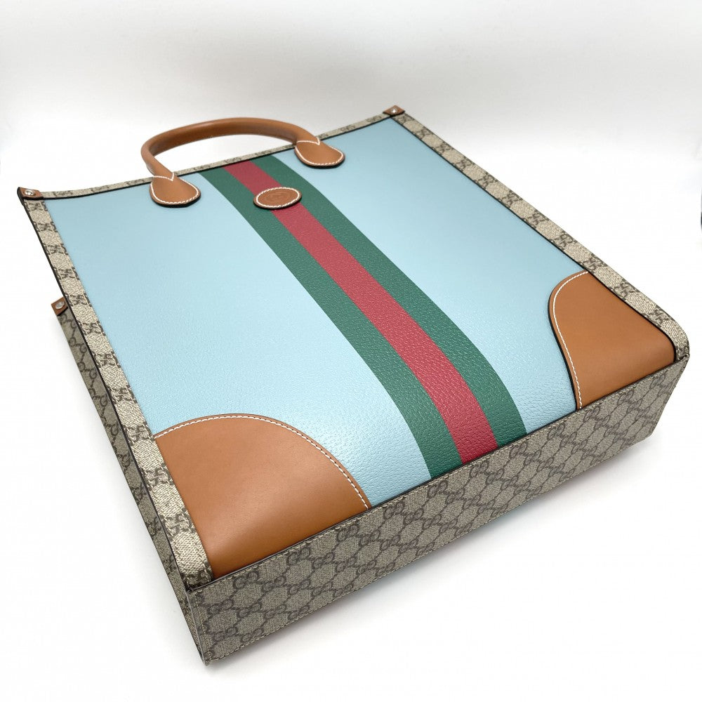 GUCCI グッチ 2WAY ウェブGG ミディアムトートバッグ ハンドバッグ ショルダーバッグ GGスプリーム 723885 PVCコーティングキャンバス レザー ブルー 青 ベージュ シルバー金具 レディース【中古品】