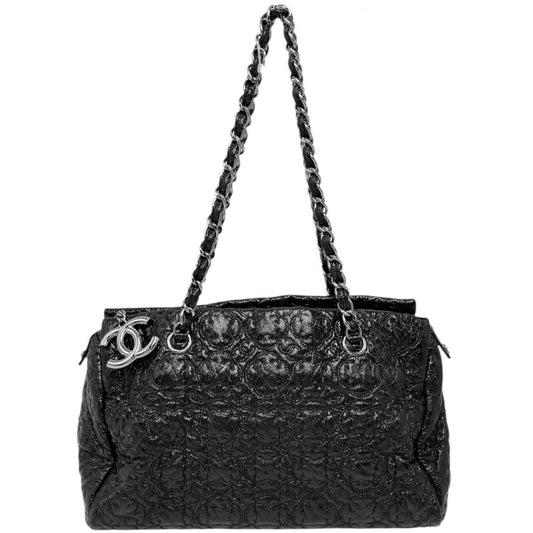 【開店SALE】 CHANEL シャネル ハンドバッグ カメリア キルティング ボーリングバッグ ココマーク チェーンショルダー コーティングレザー ブラック 黒 シルバー金具 レディース【中古品】