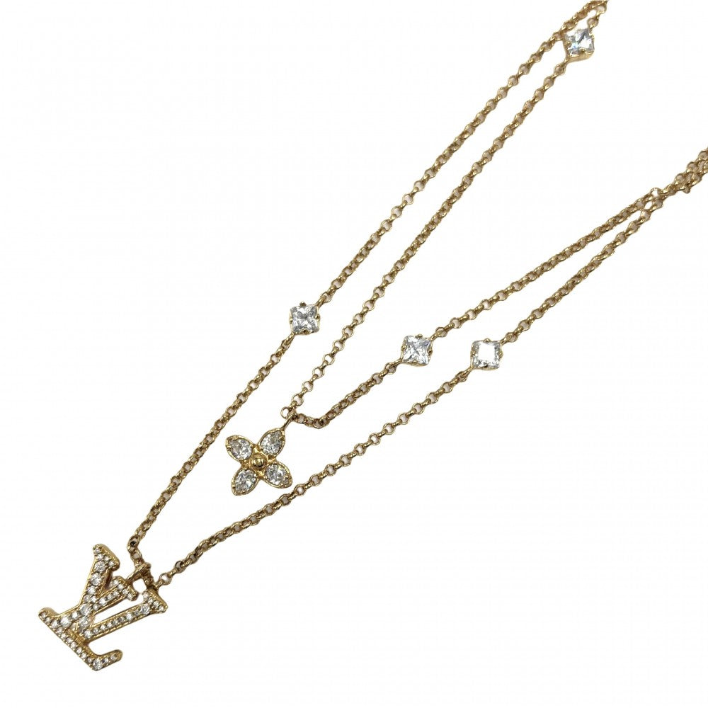 LOUIS VUITTON ルイヴィトン ネックレス レディLV アクセサリー 2連チェーン ラインストーン M01845 ゴールド ユニセックス 約12.5g【中古品】