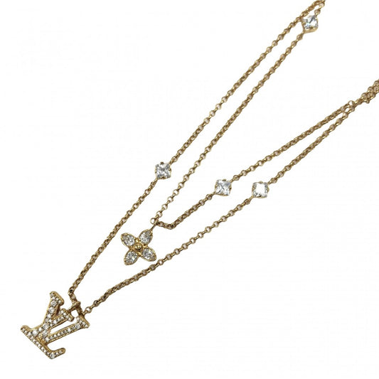 LOUIS VUITTON ルイヴィトン ネックレス レディLV アクセサリー 2連チェーン ラインストーン M01845 ゴールド ユニセックス 約12.5g【中古品】