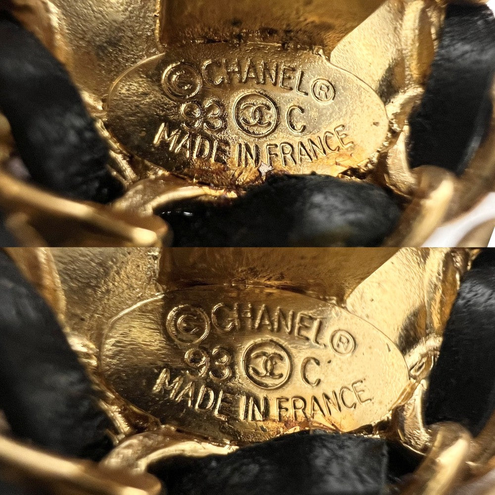 CHANEL シャネル イヤリング ココマーク スイング アクセサリー チェーン GP レザー 93C ブラック 黒 ゴールド金具 レディース 約85.1g 1993年【中古品】