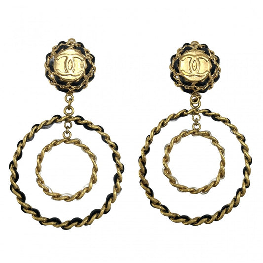 【開店SALE】 CHANEL シャネル イヤリング ココマーク スイング アクセサリー チェーン GP レザー 93C ブラック 黒 ゴールド金具 レディース 約85.1g 1993年【中古品】