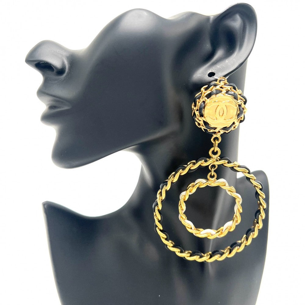 CHANEL シャネル イヤリング ココマーク スイング アクセサリー チェーン GP レザー 93C ブラック 黒 ゴールド金具 レディース 約85.1g 1993年【中古品】