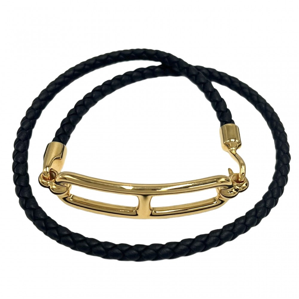 【開店SALE】 HERMES エルメス ブレスレット ルリ ドゥブルトゥール アクセサリー レザー ブラック 黒 ゴールド レディース 約10.1g【中古品】