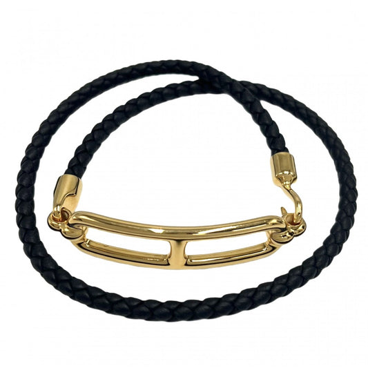 【開店SALE】 HERMES エルメス ブレスレット ルリ ドゥブルトゥール アクセサリー レザー ブラック 黒 ゴールド レディース 約10.1g【中古品】