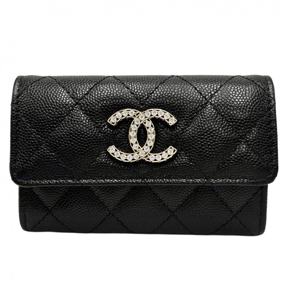 【開店SALE】 CHANEL シャネル コインケース 25SS カードケース マトラッセ ココマーク 小銭入れ 小物 AP3400 キャビアスキン ラインストーン ブラック 黒 ゴールド金具 レディース【中古品】